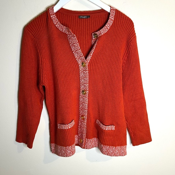 J. McLaughlin Orange Cardigan with Patterned Trim and Gold, Metal Buttons - Picture 1 of 6